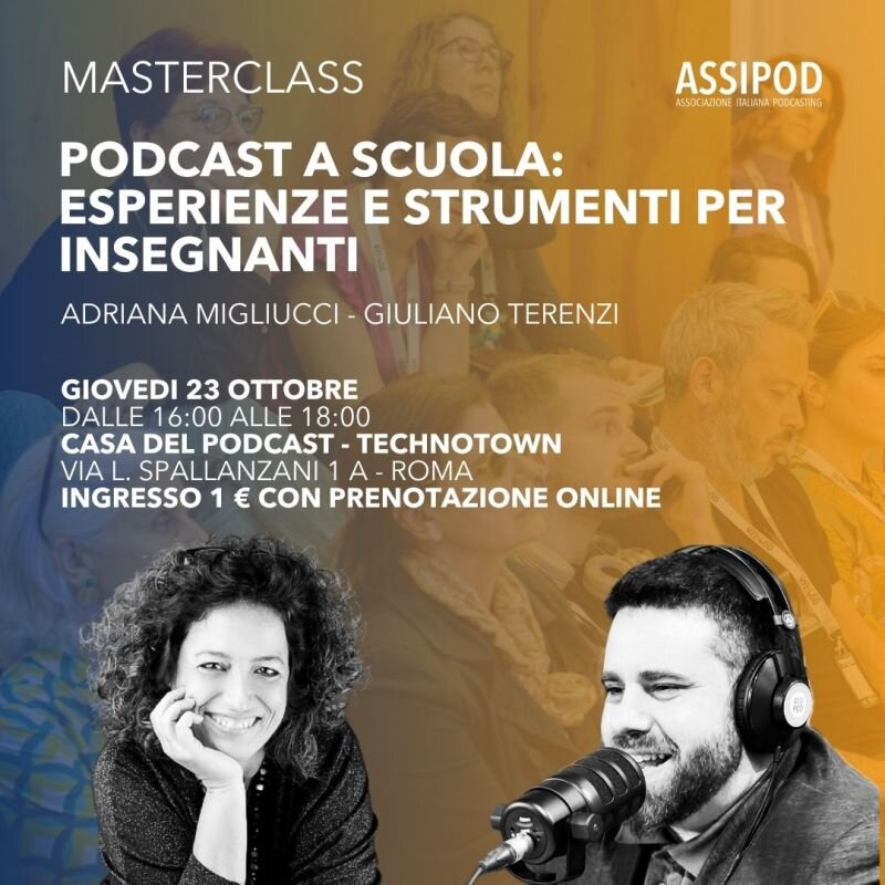Locandina della masterclass ASSIPOD Podcast a scuola con Giuliano Terenzi